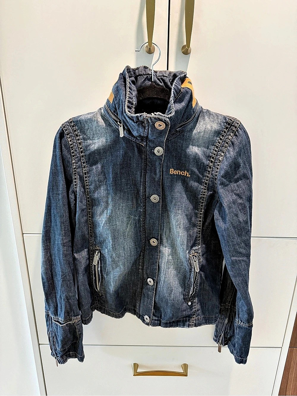 Bench Funnel Neck Denim Bomber Jacket Size Large